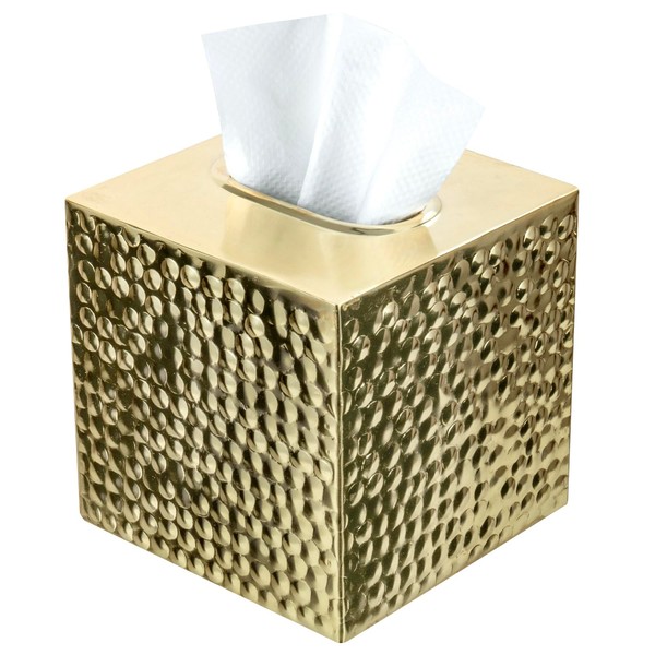 MyGift Modern Hammered Brass Tone Metal Cube Facial Tissue Box