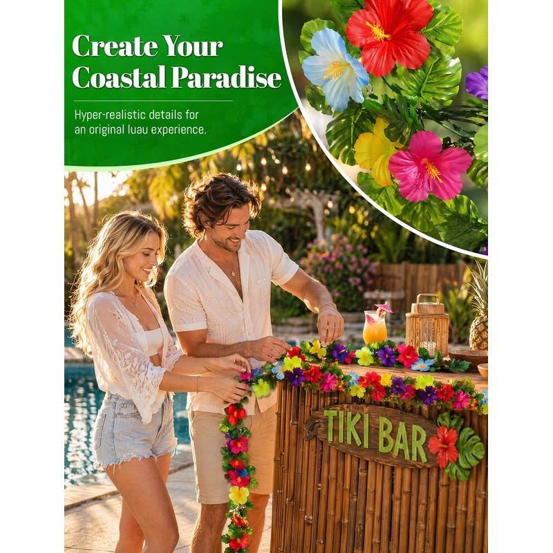 2 Pcs Tropical Hibiscus Flower Garland, 7 FT Artificial Monstera