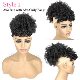 Allyreetress Afro Puff Drawstring Ponytail with Bangs Pineapple Updo Hair for Black Women,Short Kinky Curly Ponytail Bun with 2 Replaceable Bangs(#1B-Black)