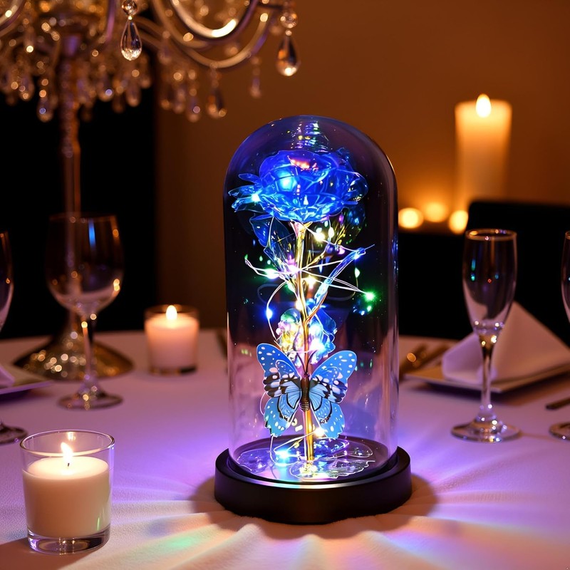 Valentines Day Romantic Gift Galaxy Rose LED Glass Dome Butterfly