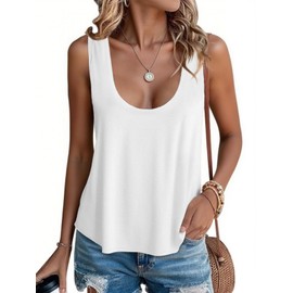 Tankaneo Womens Scoop Neck Tank Tops Summer Casual Sleeveless Loose Fit T Shirts Beach Vacation Workout Basic Tees White