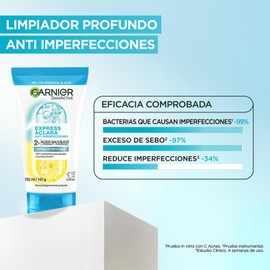 Garnier Express Aclara Limpiador profundo exfoliante Anti-imperfecciones con Ácido Salicílico y Vitamina C, 150ml. Ideal para piel con tendencia al acné y piel sensible