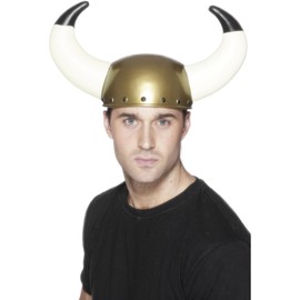 Smiffys Viking Helmet, Gold with Large Horns, Historical Fancy Dress, Adult Dress Up Hats