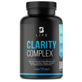 Nootropico Clarity Complex de 180 cápsulas. Ingredientes naturales: Hongo Melena de León, Bacopa, L-Tirosina, L-Teanina, Vitamina B1, Semilla de Uva Roja y Vitamina B12. Clarity Complex B Life.