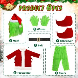 Varuotu 7PCS Adults Christmas Costume GBGrinches Green Big Monster Costume Santa Furry Christmas Costume Deluxe Outfit