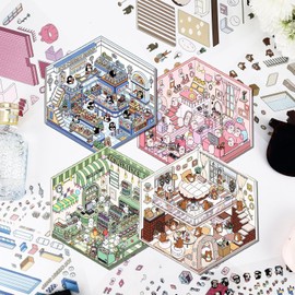 4Sets DIY 3D Scenes House Stickers Make Your Own Sticker Cat Coffee Shop, Ice Cream Shop,Convenience Store, Pink Pig Cute Cartoon Stickers, Fun Stress Relief Pass The Time Stickers for Adults