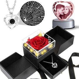 Preserved Real Rose Flowers with I Love You Necklace, Customizable 3D Crystal Photos, Romantic Gifts for Women Mom Wife on Anniversary Christmas Valentines Mothers Day (Red, Heart Crystal)