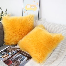 OYIMUA Mustard Yellow 50cm x 50cm Cushion Covers Pack of 2 Fluffy Soft Faux Fur Square Pillowcases, Luxury Home Decorative Super Soft Plush Pillow Covers Case 20x20 Inches for Sofa Bed Living Room