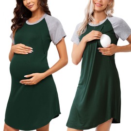AGKRUNN Women's Maternity Dress Nursing Nightgown for Breastfeeding 3 in 1 Labor Delivery Robe Dark Green Light Grey XX-Large
