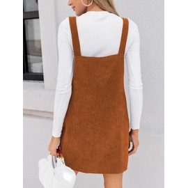 CUPSHE Women's Corduroy Dungare/Sleeveless Autumn Square Neck Braces Buttons Casual Dresses with Pockets Mini Dress, brown