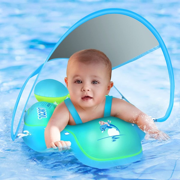 LAYCOL Baby Swimming Float with Sun Canopy Over UPF50+ ， Baby Floats for Pool Add Tail Never Flip Over (Blue, L)