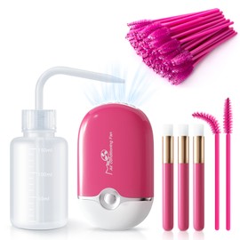 mlogiroa Lash Eyelash Fan Kit - Mini Portable Fans with 50 Lash Shampoo Brush, 3 Nose Blackhead Facial Cleaning Brush, 1 Plastic Wash Bottle (ROSE)