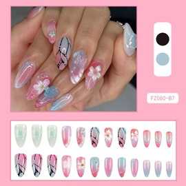 French Tip Press On Nails Fake Nails Medium Long Almond with Pink Blue 3D Butterfly Flower Designs Glossy Acrylic False Nails Glue on Nails Full Cover Thick Stick on Nails for Women Girls 24Pcs FZ080-B7