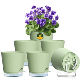 Meowell 6 inch Self Watering Pots for Indoor Outdoor Plants, 6 Pack Flower Plant Pots with Drainage Holes and Clear Reservoirs, Visible Water Level, Plastic Planters with Wicking Rope, Green
