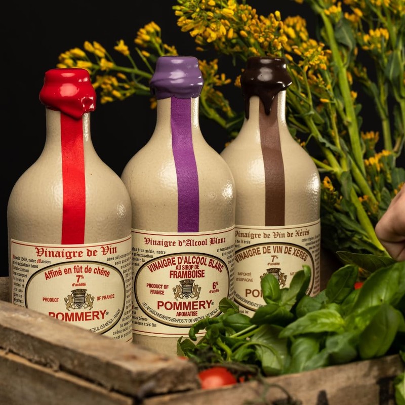 Pommery Raspberry Flavored White Wine Vinegar in a Sandstone Bottle