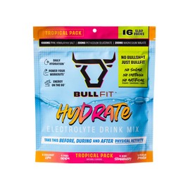 BullFit Hydrate Electrolyte Drink Mix, Tropical Variety Pack, Zero Sugar, Caffeine Free, Pink Himalayan Salt, Potassium, Magnesium, Kiwi Strawberry, Peach Mango, Pina Colada, Coconut Lime, 16 Packets