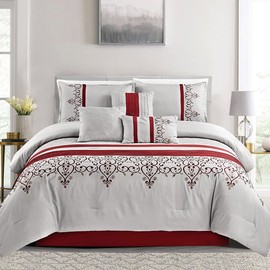 MERRY HOME Bedding Comforter Sets - Bed in A Bag Queen Size Comforter Set(400GSM), 7 Pieces Comforter Set Soft and Comfortable for All Season (Burgundy&Light Gray, Queen)