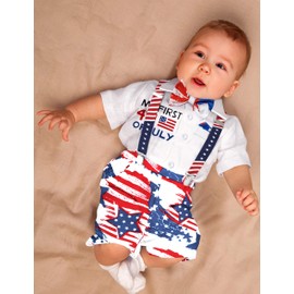 AGAPENG 4th of July Baby Boy Outfit Gentleman Short Sleeve Romper with Bow Tie Stars Stripes Suspender Shorts Baby Boy 4th of July Outfit 6-9 Month Fourth of July Baby Boy Outfit