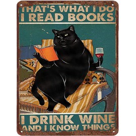 Dreacoss Cat I Read Books I Drink Wine Fun Tin Sign Black Cat Decor Vintage Black Cat Wall Art Book Lovers Gift For Bedroom Bathroom Cafe Bar Club Man Cave Funny Metal Sign Home Decoration 5.5x8 Inch