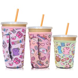 KARAQY 3 Pcs Nurse Theme Reusable Iced Coffee Sleeves,Neoprene Insulated Sleeves Cup Holder with Handle for Hot and Cold Drinks,Nurse Gifts for Women