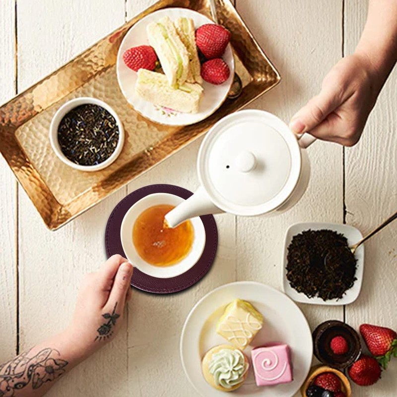 Faux leather round Tea Coasters with cover, pack of 6