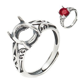 WEBEEDY 925 Silver Adjustable Ring Setting Silver Ring Base for Cabochon Gemstone, 1 x 2 mm Oval Setting with Hollow Floral Pattern Blank for Making DIY Rings Crafts for Women, Stainless steels
