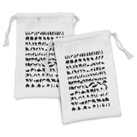 Ambesonne Zoo Fabric Pouch Set of 2, Silhouettes of Animals Wildlife Nature Mammals Monochrome Style Fauna Print, Small Drawstring Bag for Toiletries Masks and Favors, 9" x 6", Black White