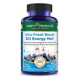 Purity Products Ultra Fresh Breath B12 Energy Melts C 1000 mcg Methylcobalamin + Probiotics, Zinc, D3 & Biotin C Supports Energy, Immunity, Digestive Comfort & Oral Health - Mint Flavor Chewable Tablets C 60 Count