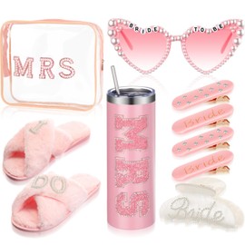 Shyyween 9 Pcs Bride to Be Gifts Set Include 20 oz Stainless Steel Tumbler, I Do Slippers, Makeup Bag, Claw Clip, Heart Sunglasses, 4 Tiny Hair Clip for Wedding Bridal Shower Bachelorette Party(Pink)