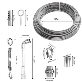 2 mm 30 m Steel Cable Kit, 304 Stainless Steel Wire Rope Tension Wire, Steel Cable Coated, with Eyelets Rope Tension Set for Curtain Rope, Climbing Plants, String Light Suspension, Washing Line