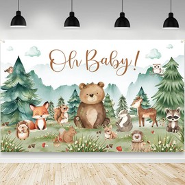 AIBIIN Woodland Baby Shower Decorations Backdrop for Boy Woodland Animals Oh Baby Shower Party Decorations Supplies Green Forest Bear Themed Party Banner Photo Studio Props 70.8 x 43.3 inch