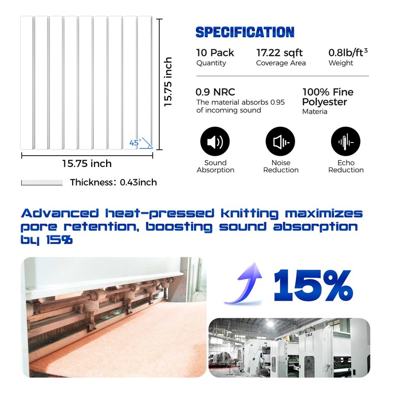 10Pack Self-Adhesive Soundproof Wall Panels, 15.7 x 15.7 x 0.4