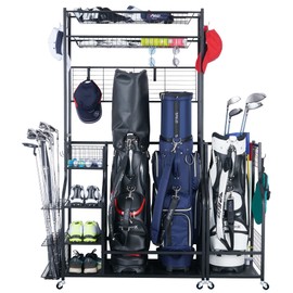 Mythinglogic Golf Bag Storage Garage Organizer, 3 Golf Bags Storage Stand and Golfing Equipment Accessories Storage Rack with 4 Removable Hooks, Extra Golf Clubs Display Design