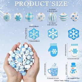 Ornazy 100Pcs Mixed Style Christmas Theme Wooden Beads Blue Snowflake Snowman Winter Bead for Christmas Party DIY Crafts Jewelry Making