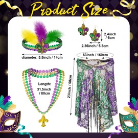 4 Pcs Mardi Gras Costume Accessories Set, Include Mardi Gras Shawl Scarf Mardi Gras Veil Headband Beaded Necklace and French Hook Earrings Women's Fascinators for Cocktail Church Carnival Parties