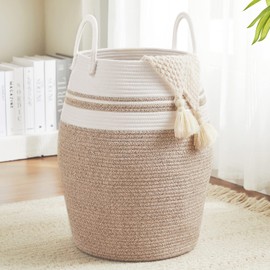 65L Cotton Rope Laundry Hamper by Fiona's magic, Large Woven Tall Laundry Basket for Storage Clothes and Toy in Bedroom, Living Room Organizing, Collapsible, Brown & White