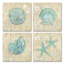Lovely Watercolor-Style Laguna Seashell, Sand Dollar, and Starfish Ocean Set; Coastal Decor; 4-12x12" Unframed Paper Posters