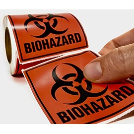 Biohazard 3" x 3" Perforated Labels / Stickers 250 Count Roll. Fluorescent Red-Orange Hazmat Warning Safety Decal