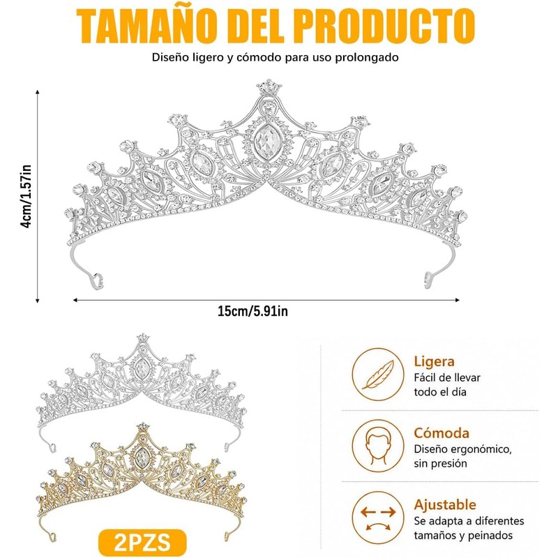 2 Piezas Coronas Princesa con Cristal para Niña y Mujer