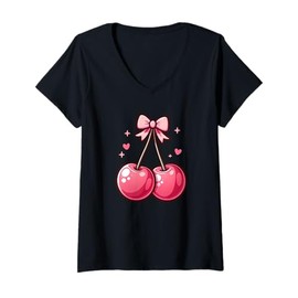 Womens Cute Pink Cherry With Bow Tie Trendy Pinkcore Cherry Women V-Neck T-Shirt