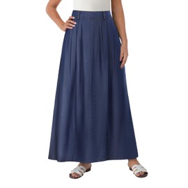 POTILI Lightweight Long Denim Skirts for Women A-line Jean Maxi Casual Skirt with Pockets Elastic Waist Dark Blue