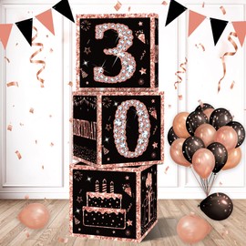 Eiurteao 3pcs 30th Birthday Decorations Boxes for Women, Rose Gold Happy 30 Birthday Balloons Boxes Party Supplies, Thirty Bday Theme Cardboard Box Decor