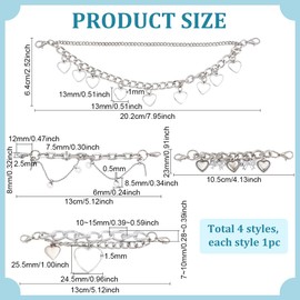 PH PandaHall 4 Styles Shoe Charms Chain, Heart Shoe Chain Layered Star Curb Shoe Chain Shoelace Platinum Boot Chain Double Chains DIY Punk Shoe Accessories Decoration for Sneakers Bag Clothes