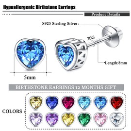 Kakonia S925 Sterling Silver Birthstone Earrings for Girls Women Hypoallergenic Screw Back Earrings Round Heart CZ Stud Earrings Jewelry Gift