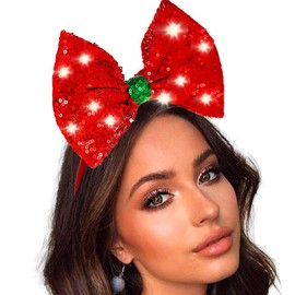 Coridy Light Up Christmas Valentine's Day Headbands Red Bow Hairband Bling Sequin hair Accessories for Women
