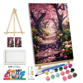 JOOZ Paint by Numbers Kit for Adults Landscape Paint by Number with Frame DIY Cherry Blossom Paint by Number with Easel Flowers Paint by Numbers Kit on Canvas for Gift Home Wall Decor 7.87x11.81 Inch