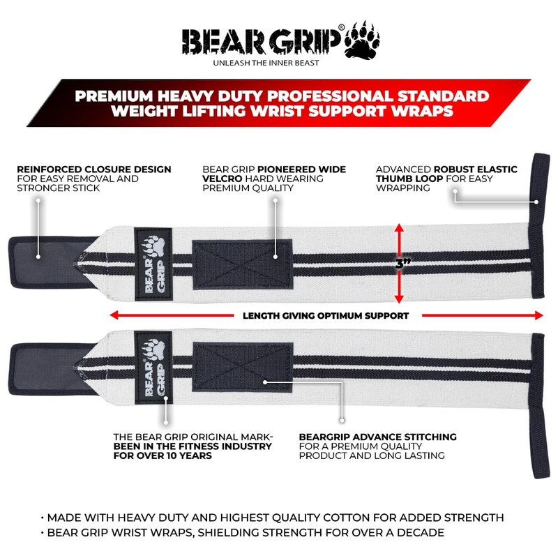 BEAR GRIP - Premium weight lifting wrist support wraps, (Sold