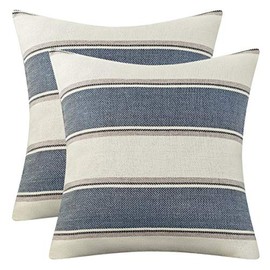 AmHoo Pack of 2 Farmhouse Linen Throw Pillow Cover Cushion Stripe Decoration Buffalo Retro Pillowcase with Hidden Zipper for Sofa Bedroom Car 20 x 20 Inch Blue