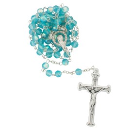 Classic Crystal Style Rosary with Silver-Tone Crucifix | Plastic Multi-Faceted Hail Mary Beads | Great Catholic Gift for First Holy Communion | Made in Italy (Aqua)