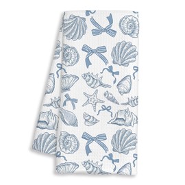 BAYOGITA Blue Coquette Bow Seashell Beach Kitchen Towels Decorative, Preppy Blue Beach Dish Tea Towels for Kitchen Drying, Coastal Nautical Beachy Hand Towels for Bathroom Decor, 16x24 Inch